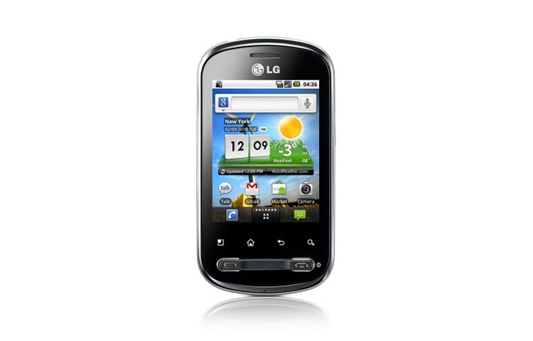 Vooraanzicht van P350 Optimus Me Android telefoon, de compacte smartphone voor al je favoriete Android applicaties. Beschikbaar in Zilver &amp; Zwart. P350-Optimus-Me