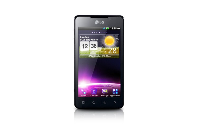 Vooraanzicht van Android Smartphone met 1.2GHz Dual Core processor, voor supersnelle 3D weergaves zonder bril! P720-Optimus-3D-Max