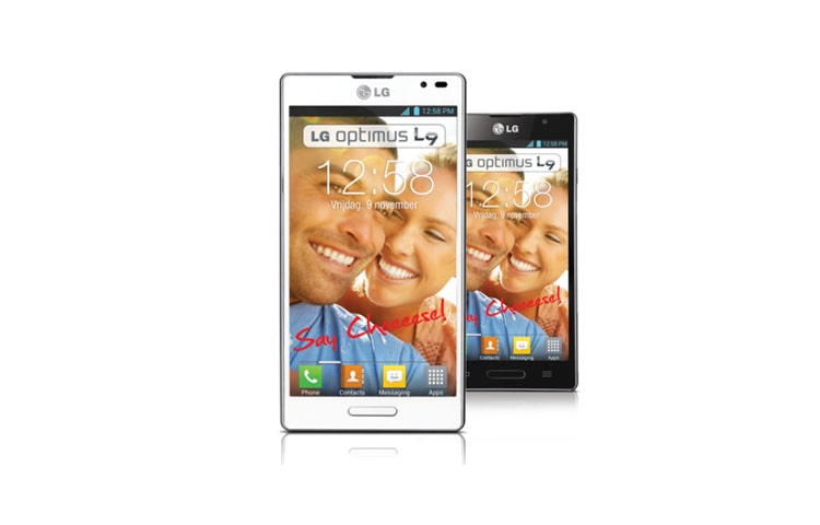 Vooraanzicht van Optimus L9 Smartphone, Voor haarscherpe en snelle beeldweergaves! Beschikbaar in Zwart en Wit P760-Optimus-L9