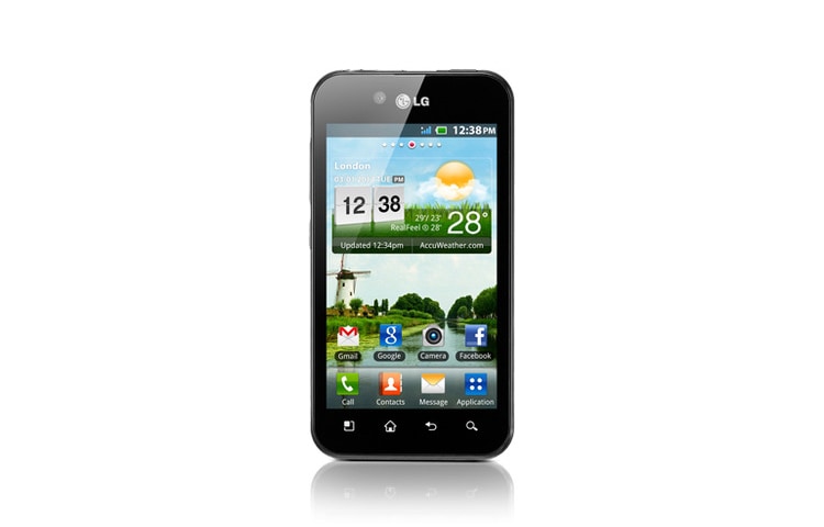 Vooraanzicht van P970 OPTIMUS BLACK, slank &amp; stijlvol met 700 Nit NOVA display, 1 Ghz processor en tot 50% minder energieverbruik. P970-Optimus-Black