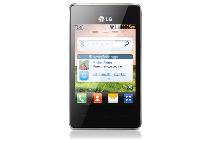 Vooraanzicht van T385 met 2.0 MP camera, FM-radio, microSD geheugenkaart-slot (tot 16gb) Wi-fi, Bluetooth , Alarm clock, Stopwatch, Calendar, Calculator T385