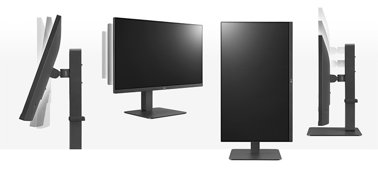 de monitor in het ergonomische ontwerp met kantel-, draai-, pivot- en hoogteverstelmogelijkheden
