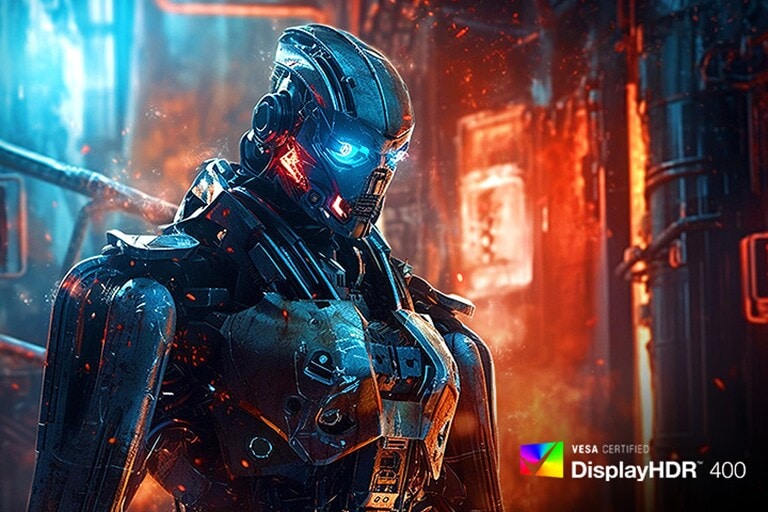 Hoge definitie kleurafbeelding van een robot gereproduceerd in DisplayHDR™ 400.