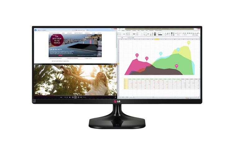 Vooraanzicht van 29&#39;&#39; inch 21:9 Premium LED IPS monitor met unieke UltraWide screen voor de optimale 21:9 ervaring op bioscoop formaat. 29UM55-P