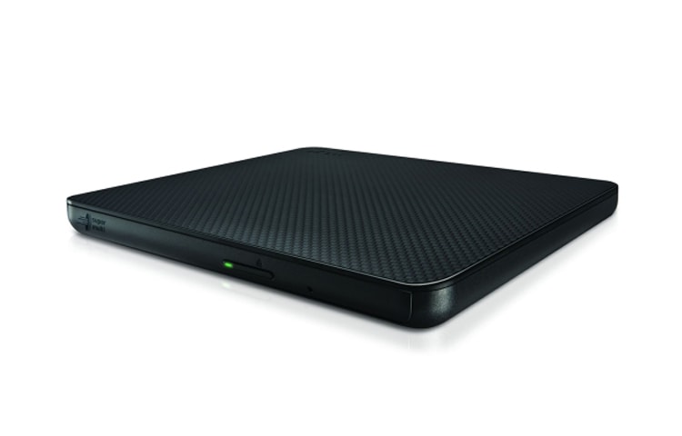 Vooraanzicht van Portable slim-dvd brander met een eenvoudig design en USB stroomtoevoer. GP67EB60
