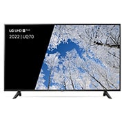 Een vooraanzicht van de LG UHD TV met invulbeeld en productlogo op