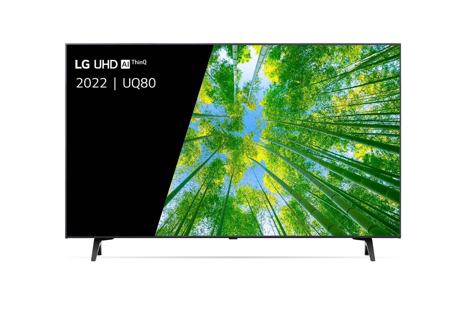 Een vooraanzicht van de LG UHD TV met invulbeeld en productlogo op