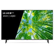 Een vooraanzicht van de LG UHD TV met invulbeeld en productlogo op
