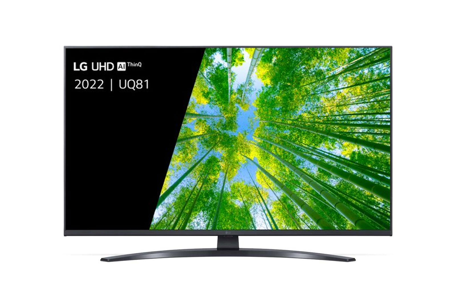 Een vooraanzicht van de LG UHD TV met invulbeeld en productlogo op
