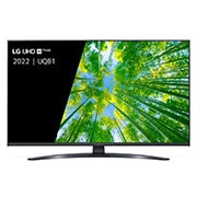 Een vooraanzicht van de LG UHD TV met invulbeeld en productlogo op