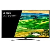 Een vooraanzicht van de LG QNED TV met invulbeeld en productlogo op