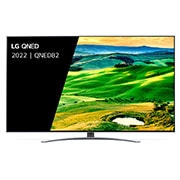 Een vooraanzicht van de LG QNED TV met invulbeeld en productlogo op