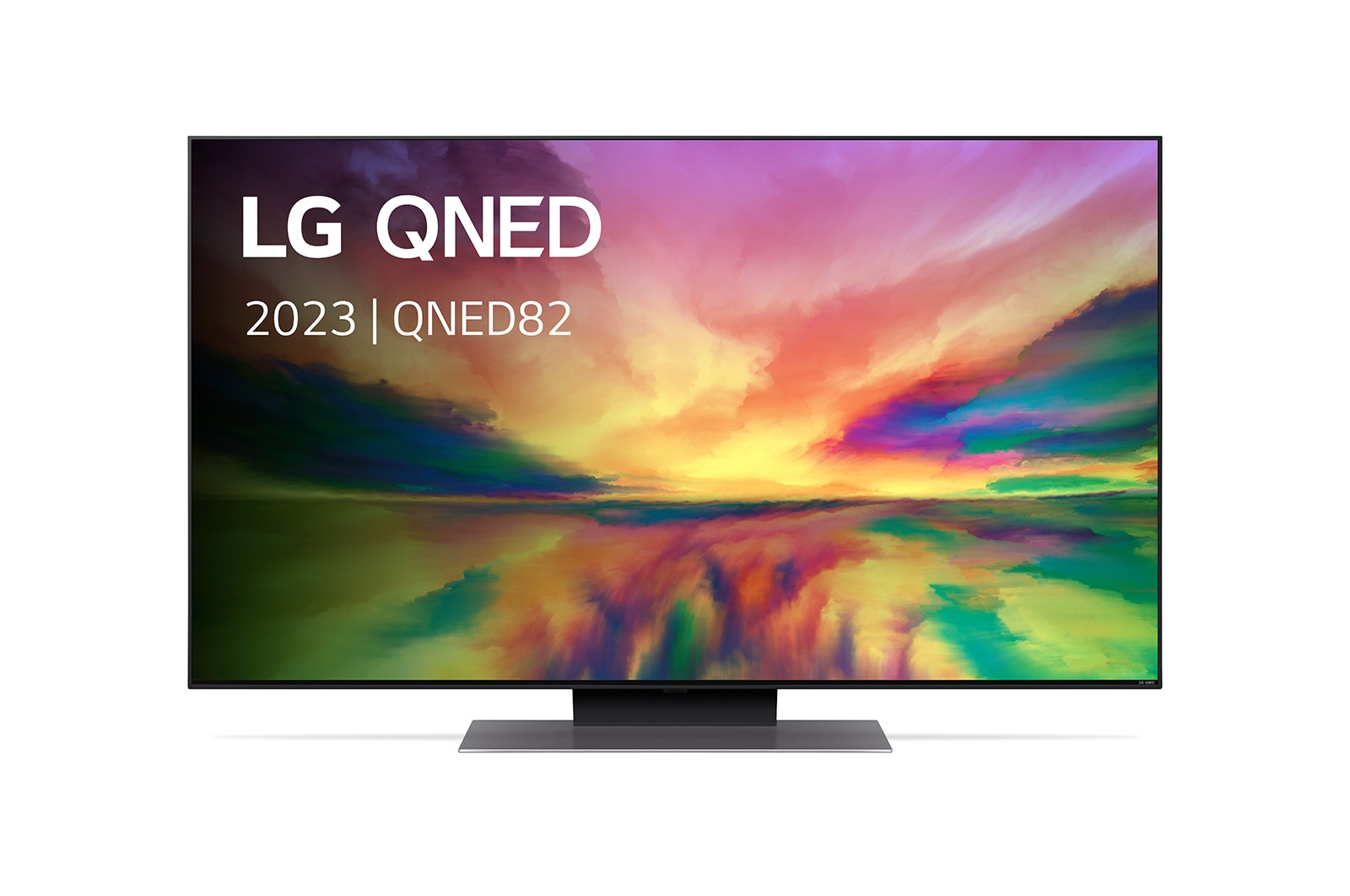 Een vooraanzicht van de LG QNED TV met invulbeeld en productlogo op