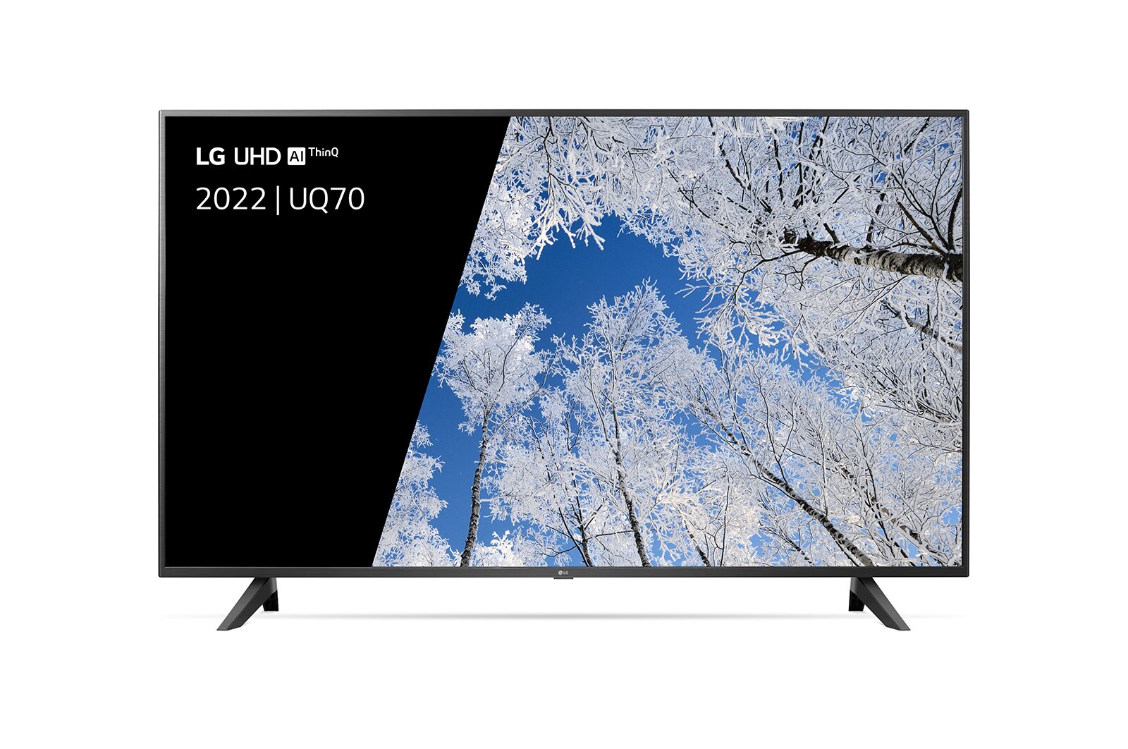 Een vooraanzicht van de LG UHD TV met invulbeeld en productlogo op