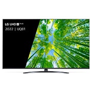 Een vooraanzicht van de LG UHD TV met invulbeeld en productlogo op
