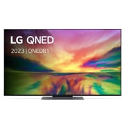 Een vooraanzicht van de LG QNED TV met invulbeeld en productlogo op