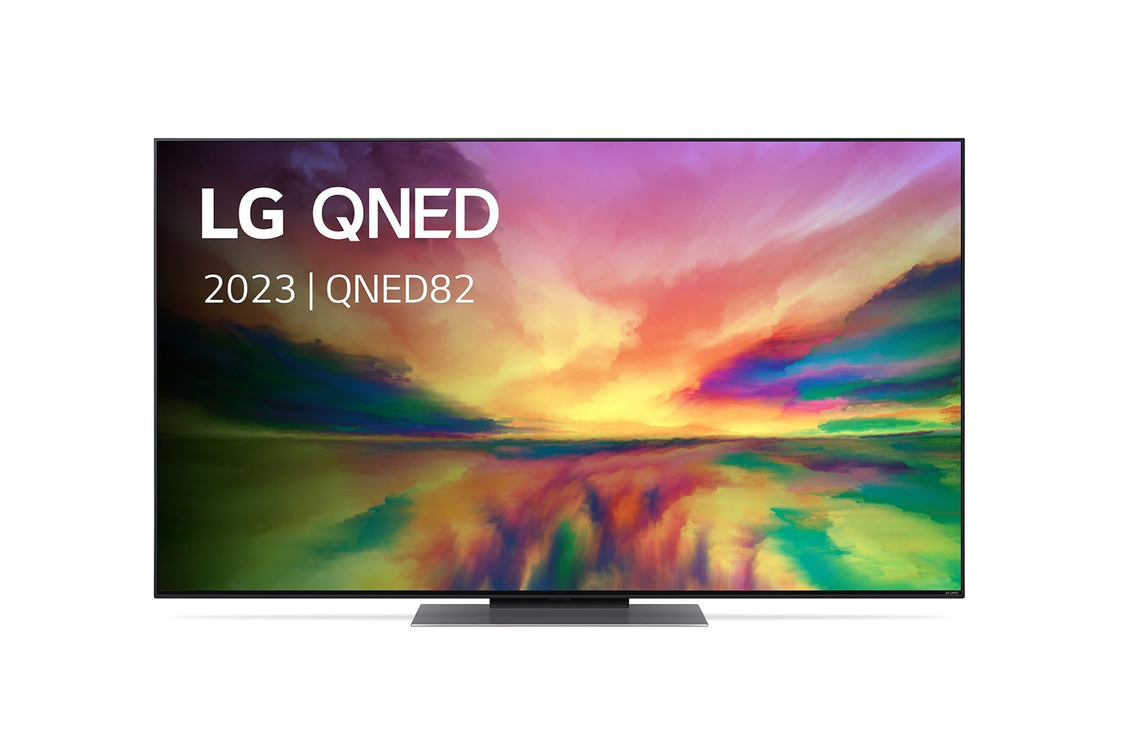 Een vooraanzicht van de LG QNED TV met invulbeeld en productlogo op