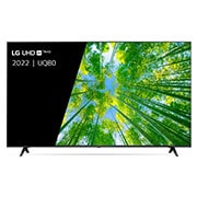 Een vooraanzicht van de LG UHD TV met invulbeeld en productlogo op
