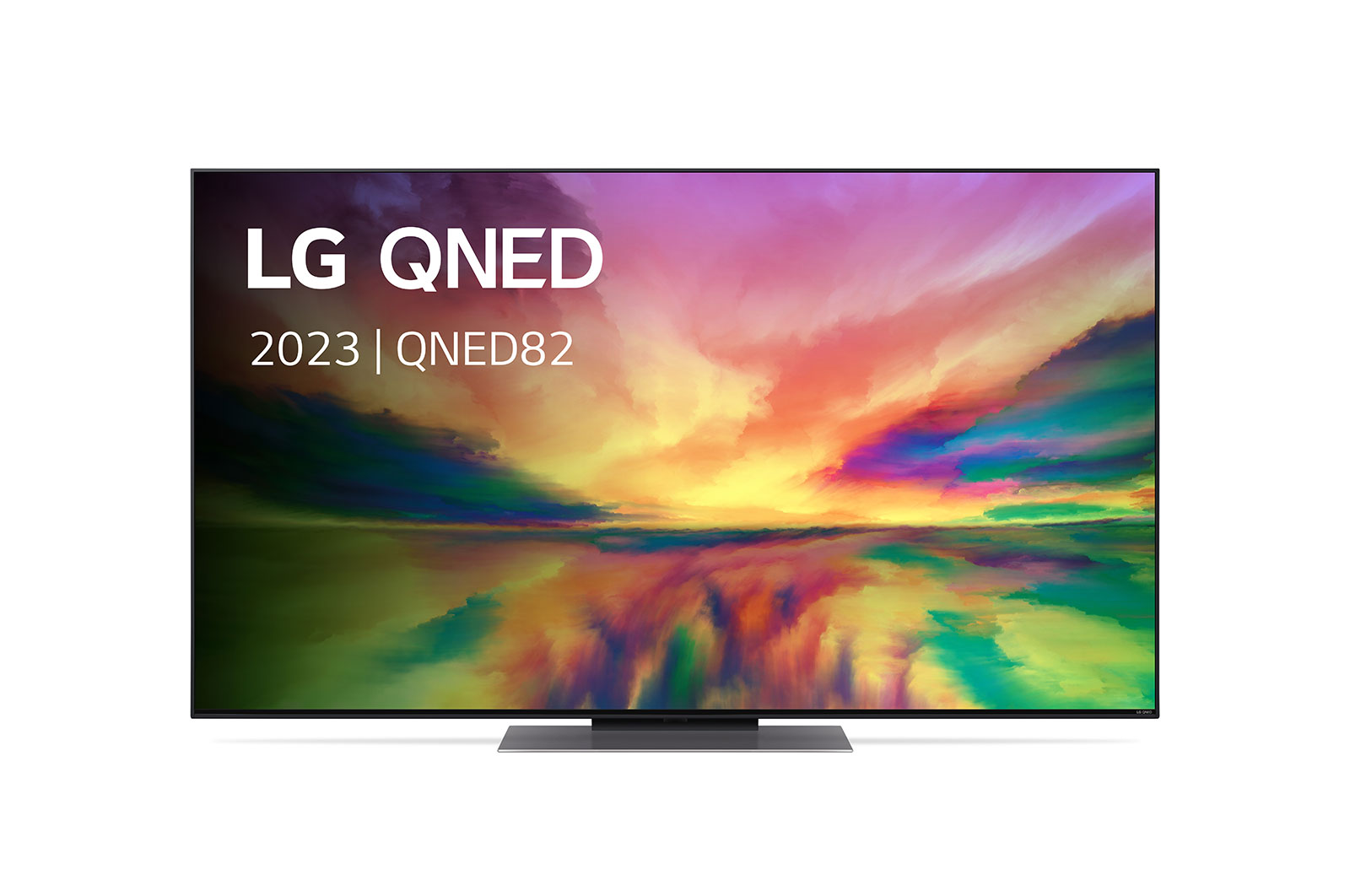 Een vooraanzicht van de LG QNED TV met invulbeeld en productlogo op