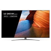 Een vooraanzicht van de LG QNED TV met invulbeeld en productlogo op