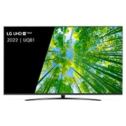 Een vooraanzicht van de LG UHD TV met invulbeeld en productlogo op