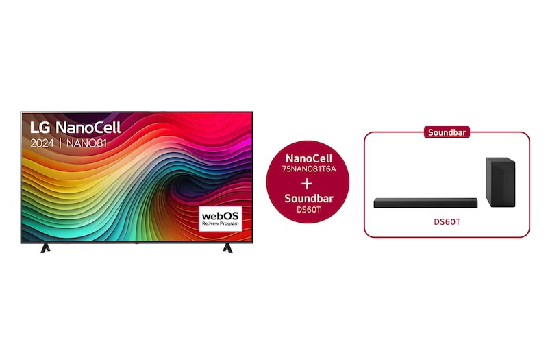 LG 75 Inch LG NanoCell NANO81 4K Smart TV 2024 & DS60T 3.1-kanaal, 75NANO81T6A.DS60T