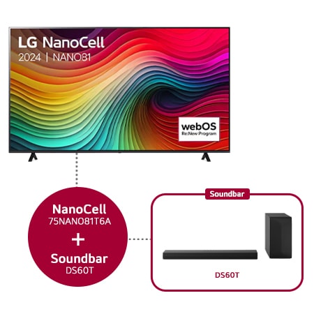 75 Inch LG NanoCell NANO81 4K Smart TV 2024 & DS60T 3.1-kanaal - 75NANO81T6A.DS60T