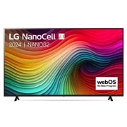 Vooraanzicht van LG NanoCell TV, NANO81 met tekst van LG NanoCell, 2024, en webOS Re:New Program-logo op het scherm