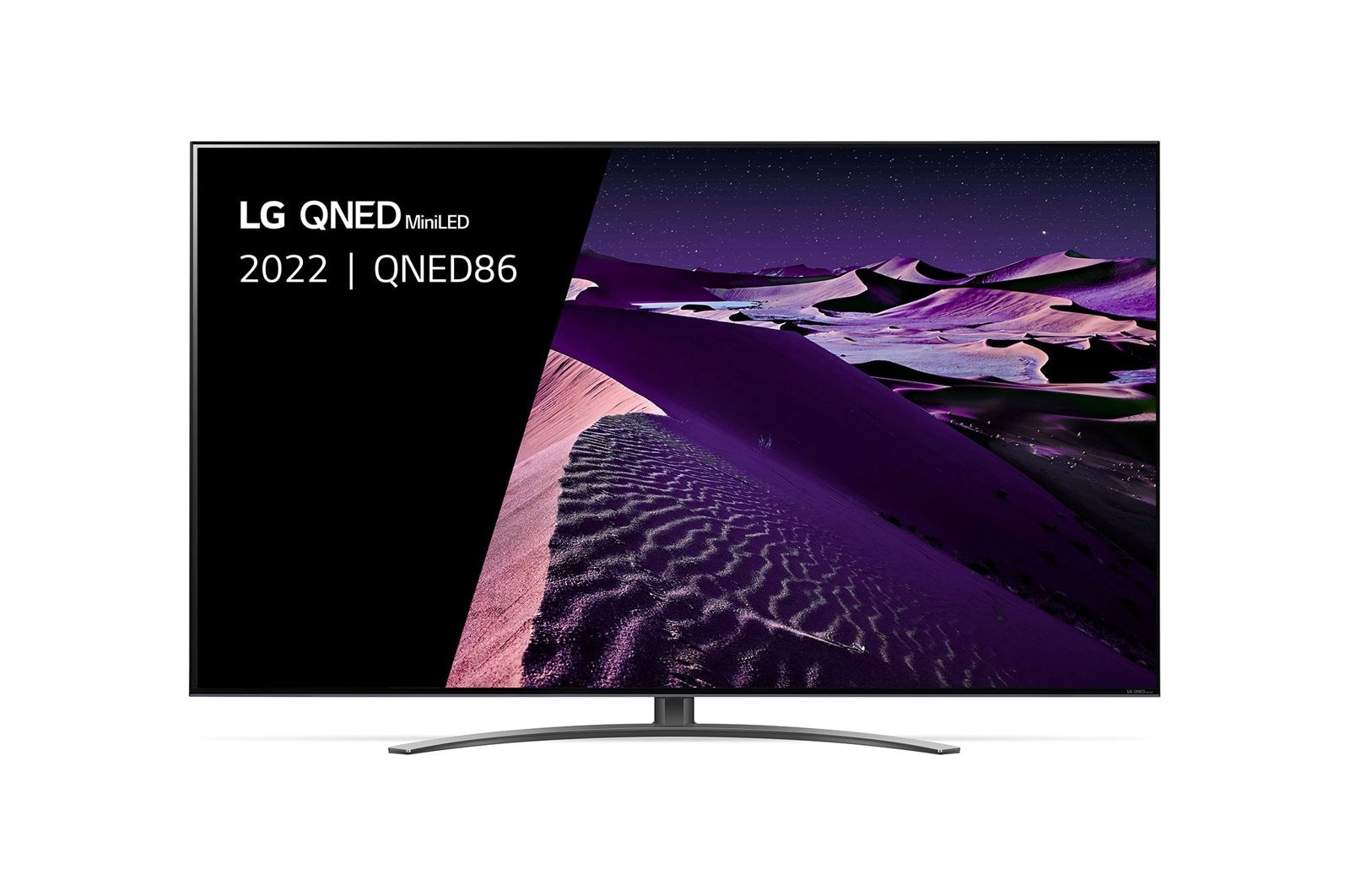 Een vooraanzicht van de LG QNED TV met invulbeeld en productlogo op