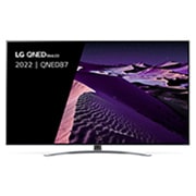 Een vooraanzicht van de LG QNED TV met invulbeeld en productlogo op