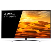 Een vooraanzicht van de LG QNED TV met invulbeeld en productlogo op