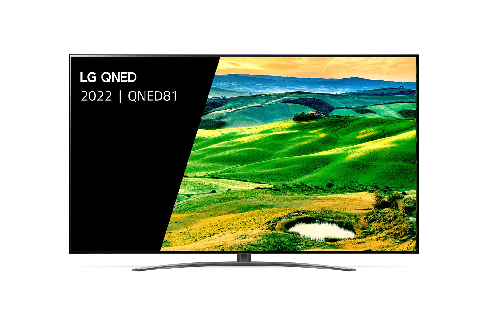 Een vooraanzicht van de LG QNED TV met invulbeeld en productlogo op