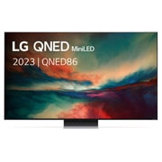 Een vooraanzicht van de LG QNED TV met invulbeeld en productlogo op