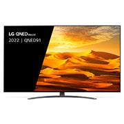 Een vooraanzicht van de LG QNED TV met invulbeeld en productlogo op