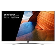 Een vooraanzicht van de LG QNED TV met invulbeeld en productlogo op