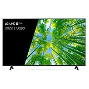 Een vooraanzicht van de LG UHD TV met invulbeeld en productlogo op
