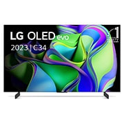 Vooraanzicht met LG OLED evo en 10 jaar nr. 1 OLED-embleem op het scherm, evenals de soundbar eronder. 