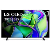 Vooraanzicht met LG OLED evo en 10 jaar nr. 1 OLED-embleem op het scherm, evenals de soundbar eronder. 