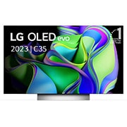 Vooraanzicht met LG OLED evo en 10 jaar nr. 1 OLED-embleem op het scherm, evenals de soundbar eronder. 