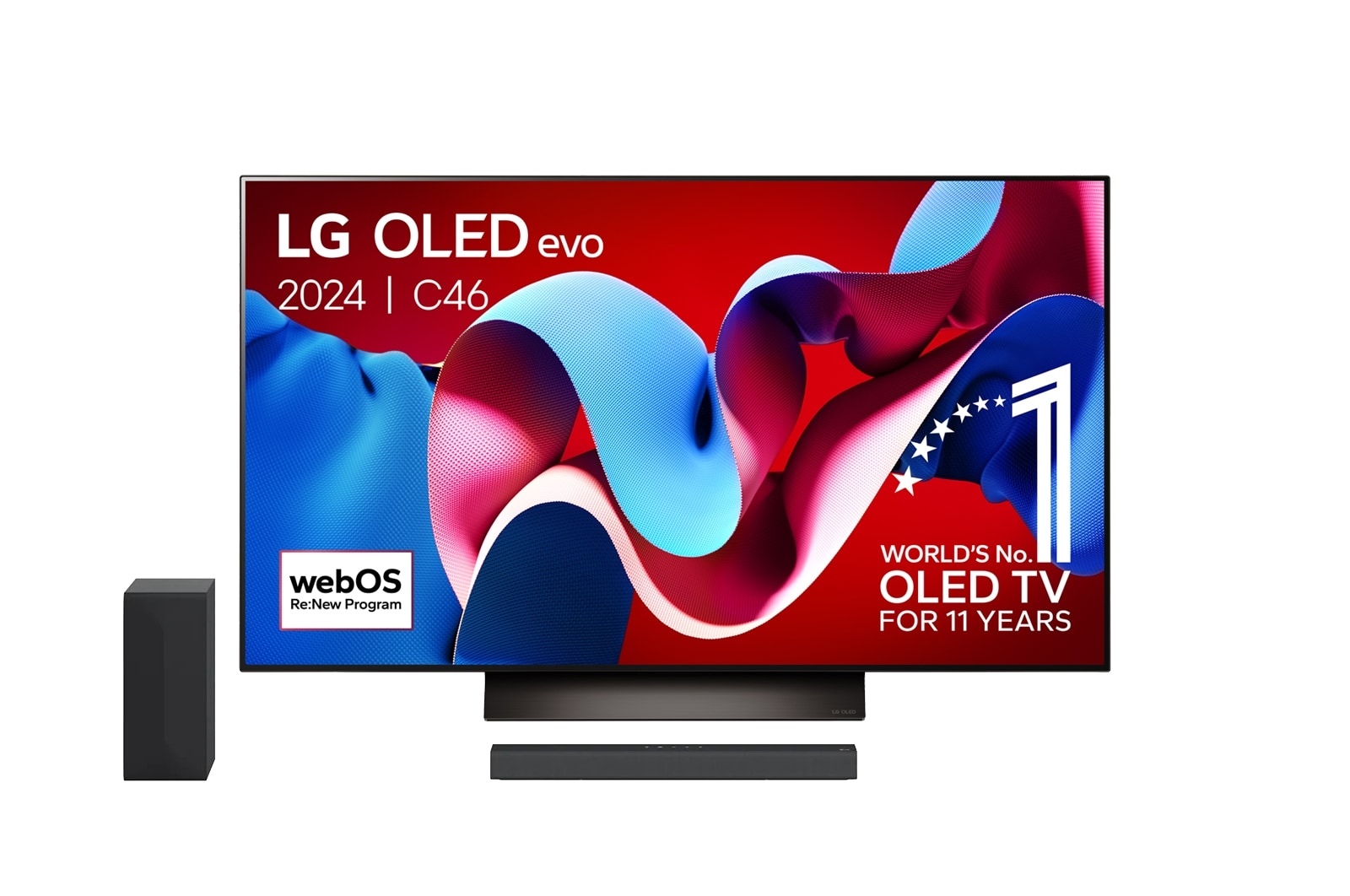 Vooraanzicht van 48 Inch LG OLED evo C4 4K Smart TV OLED48C4 &amp; DS60Q 2.1 channel Soundbar OLED48C46LA.DS60Q