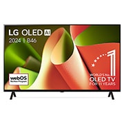 Vooraanzicht van LG OLED TV, OLED AI B4, 11 jaar wereldwijd nummer 1 OLED-embleem en webOS Re:New Program-logo op scherm met 2 statieven