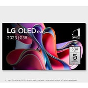Front view with LG OLED evo, 10 Years World No.1 OLED Emblem, and 5-Year Panel Warranty logo on screen