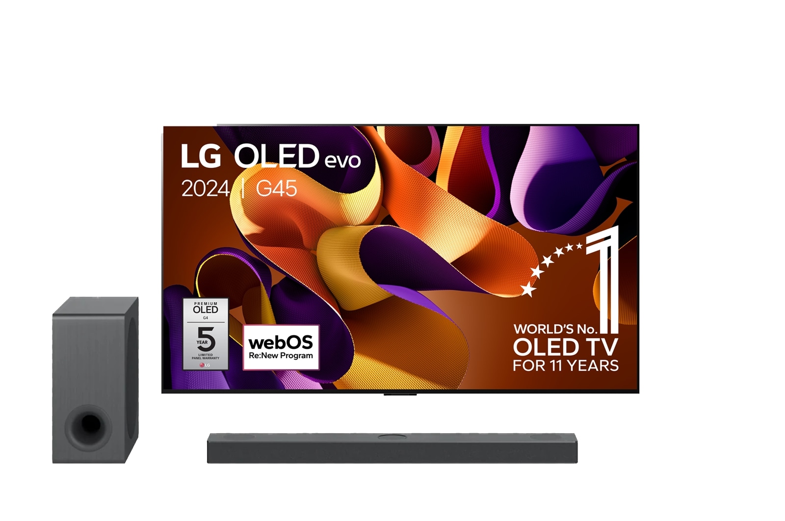 Vooraanzicht van 55 Inch LG OLED evo G4 4K Smart TV OLED55G4 &amp; DS80QY 3.1.3 channel soundbar OLED55G45LW.DS80QY