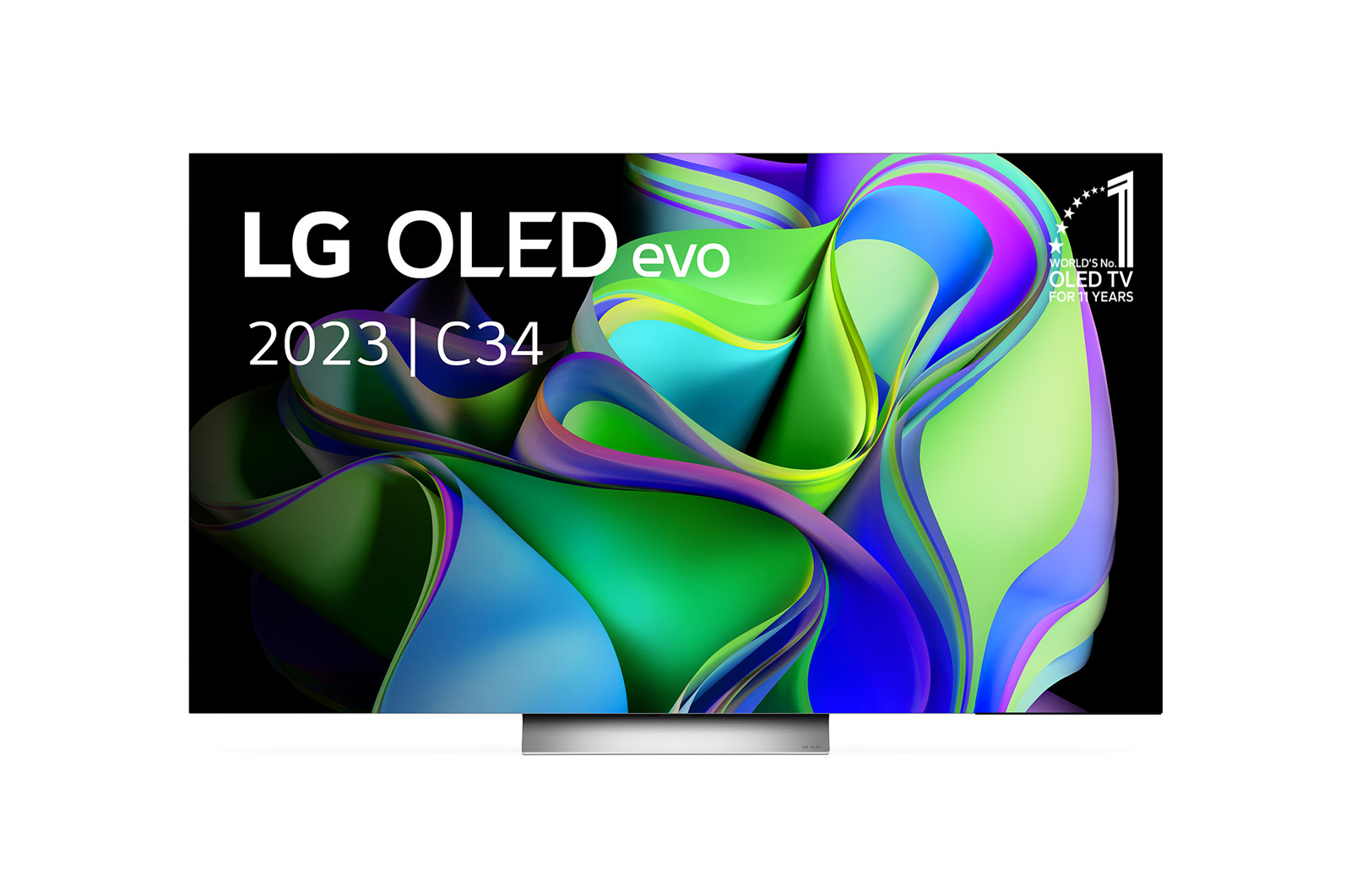 Vooraanzicht met LG OLED evo en 10 jaar nr. 1 OLED-embleem op het scherm, evenals de soundbar eronder. 