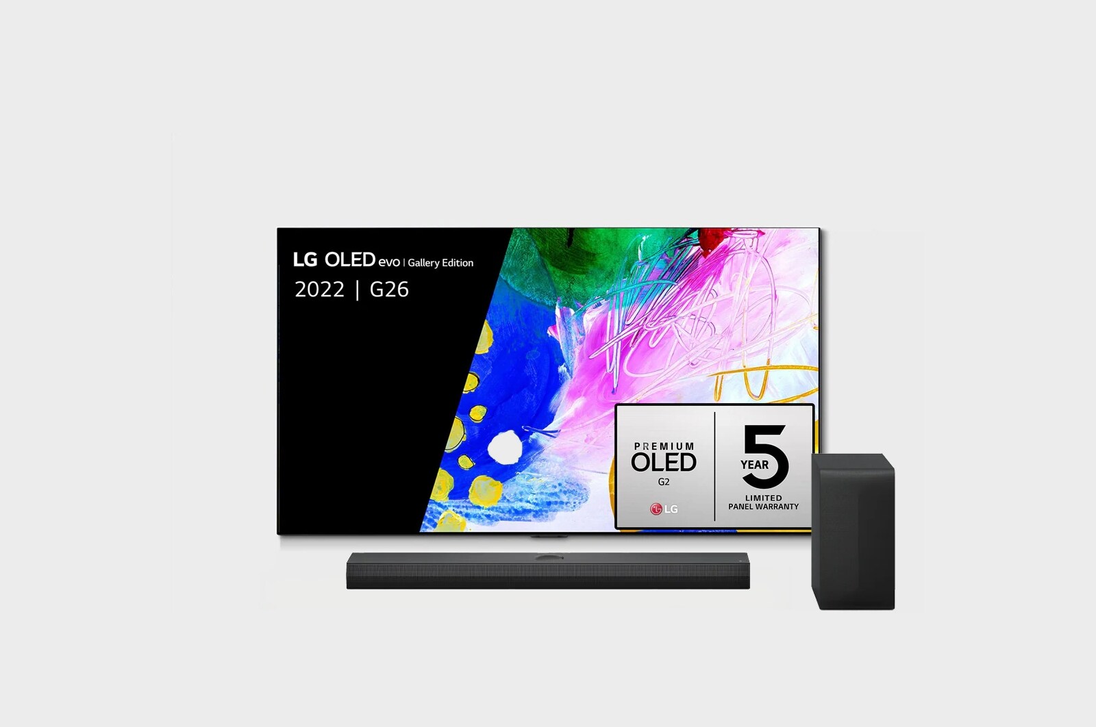 LG 65'' G2 OLED evo Gallery Edition, Vooraanzicht met LG OLED evo Gallery Edition op het scherm, OLED65G26LA