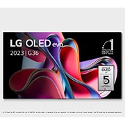 Front view with LG OLED evo, 10 Years World No.1 OLED Emblem, and 5-Year Panel Warranty logo on screen