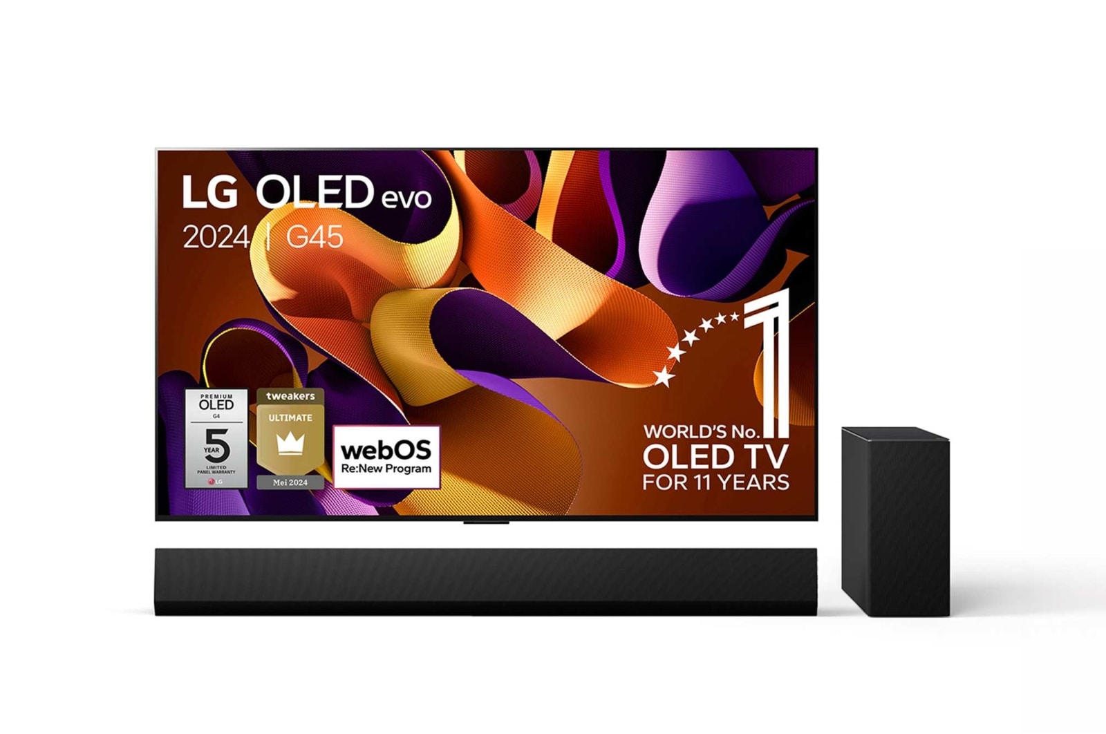 Vooraanzicht met LG OLED evo TV, OLED G4, 11 jaar wereldwijd nummer 1 OLED-embleem, en 5 jaar paneelgarantielogo op het scherm