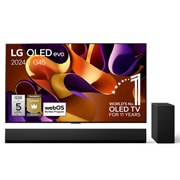 Vooraanzicht met LG OLED evo TV, OLED G4, 11 jaar wereldwijd nummer 1 OLED-embleem, en 5 jaar paneelgarantielogo op het scherm