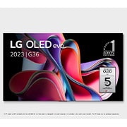 Front view with LG OLED evo, 10 Years World No.1 OLED Emblem, and 5-Year Panel Warranty logo on screen
