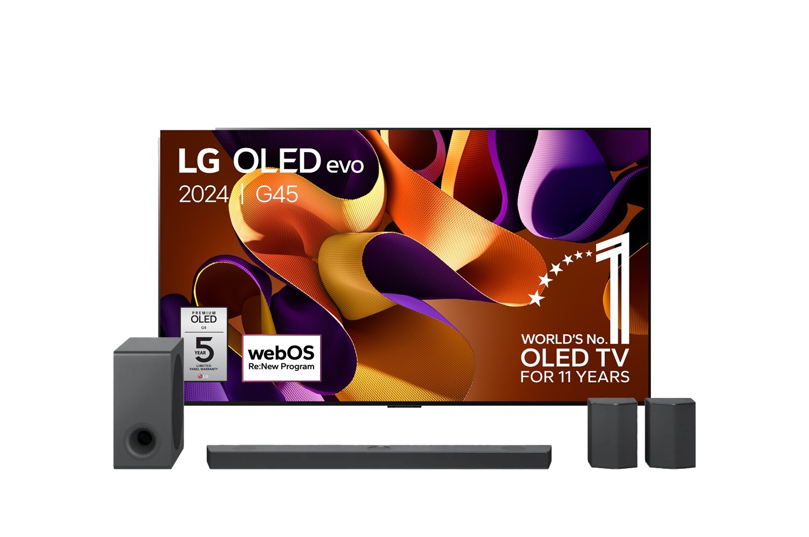 Vooraanzicht van 77 Inch LG OLED evo G4 4K Smart TV OLED77G4 &amp; DS95QR 9.1.5 channel soundbar OLED77G45LW.DS95QR